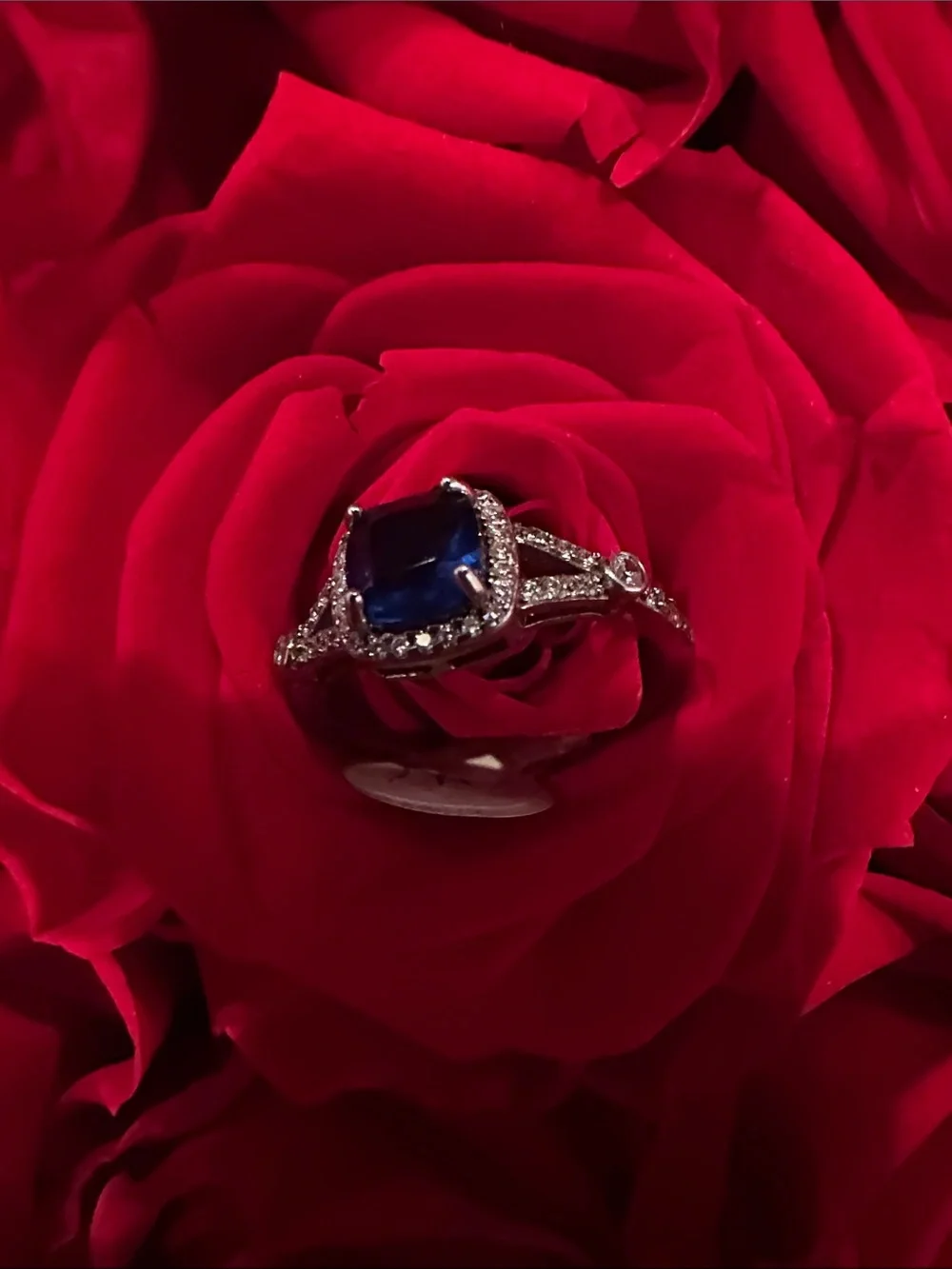 Blue Cushion Halo Ring with Pavé Band - Women's Jewelry 925 silver